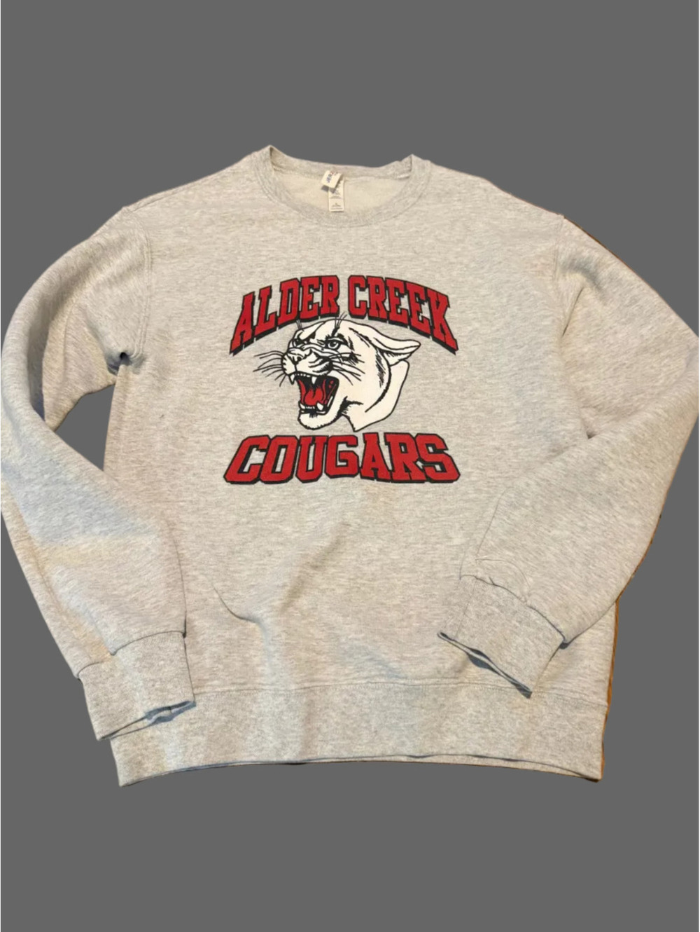 Vintage Alder Creek Cougars Jerzees Crewneck Sweatshirt – Heather Gray, Size S
